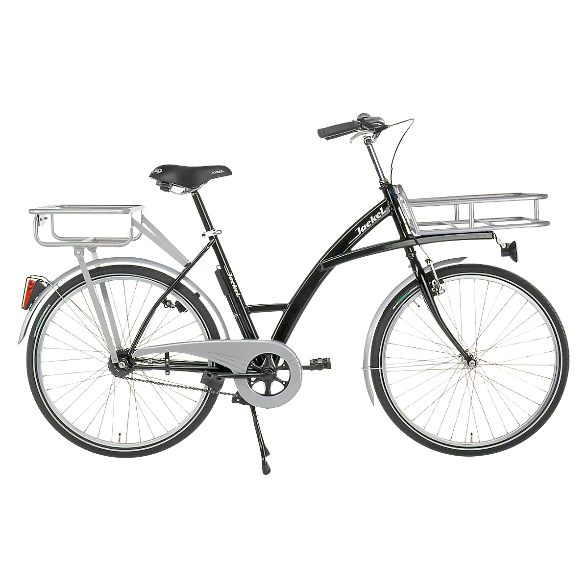 Bicicleta negra con guardabarros y portaequipajes plateados. Una cesta en primer plano, otra en segundo plano. "Jucker" está escrito en el cuadro.