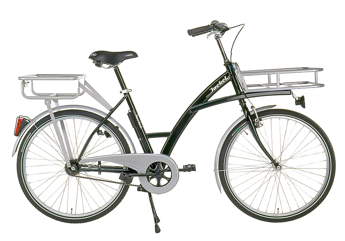 Bicicleta de transporte, cuadro de acero, con portacargas sobre la rueda delantera, incluyendo luces, negro RAL 9005