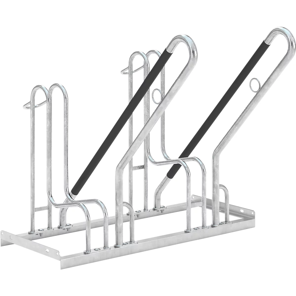 Metal bike rack with multiple parking spaces. Black handles and diagonal bars for support.