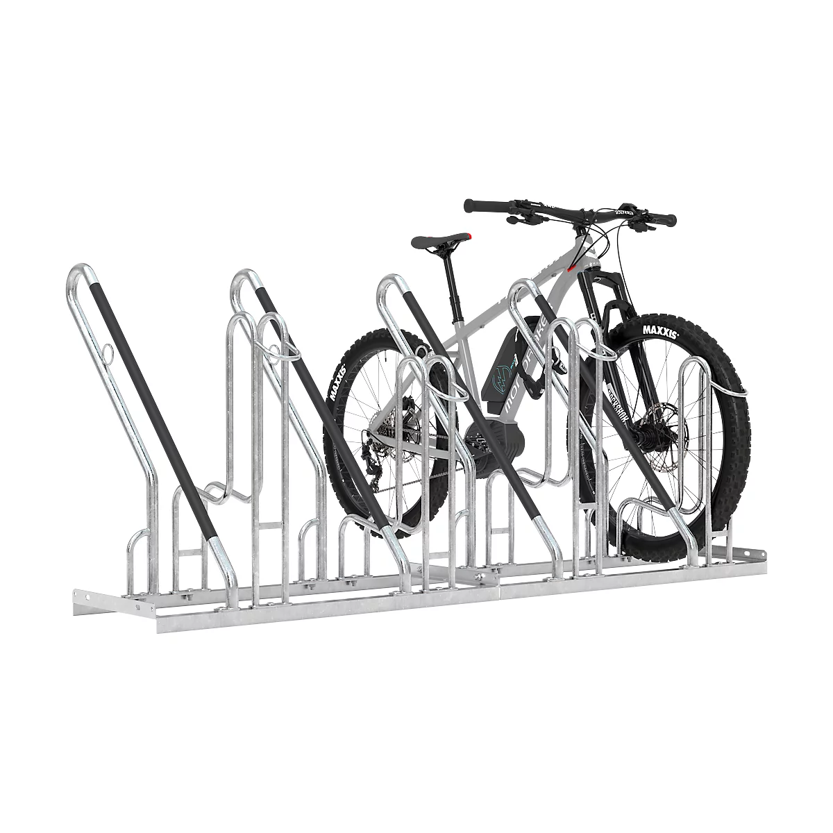 Bicycle stand with a mountain bike. The stand is made of metal, the wheel is gray with black tires.