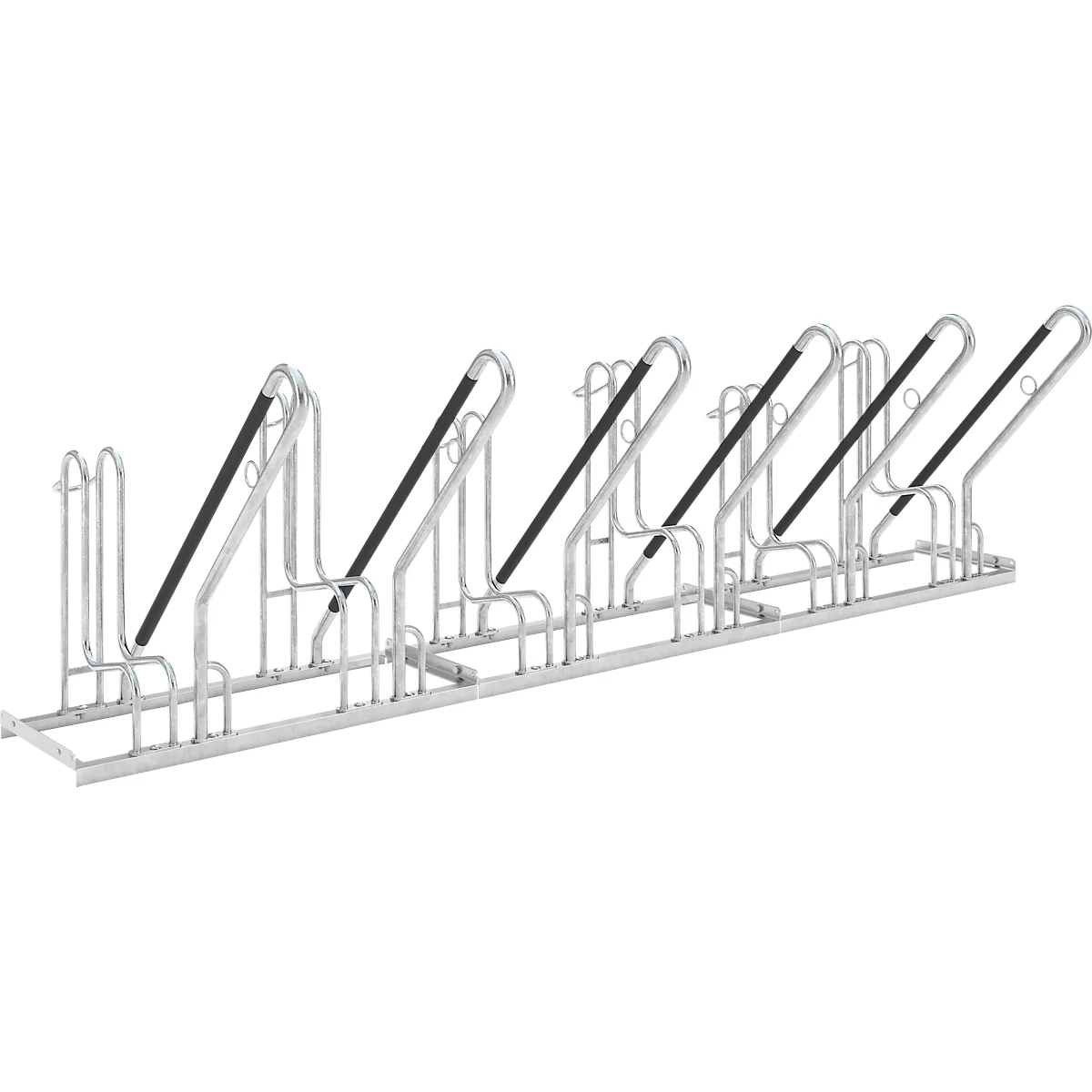 Metal bike rack, silver. Black supports and holders. Array for multiple bicycles.