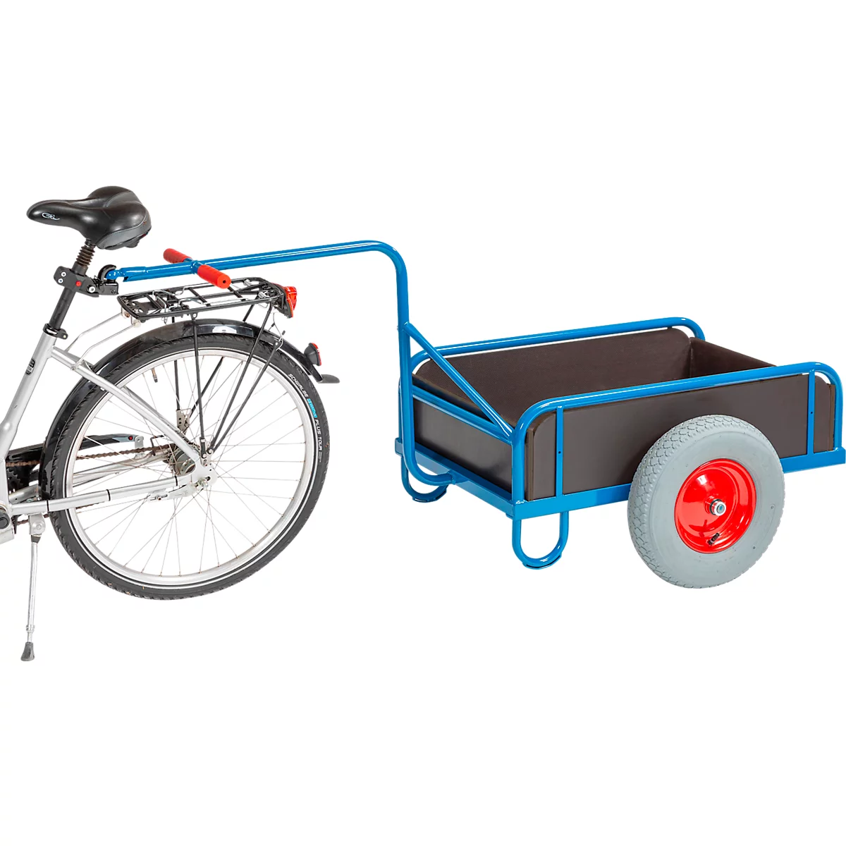 Bicycle with blue trailer. The trailer has a black loading area and a gray wheel with a red hub. The bicycle is partially visible.