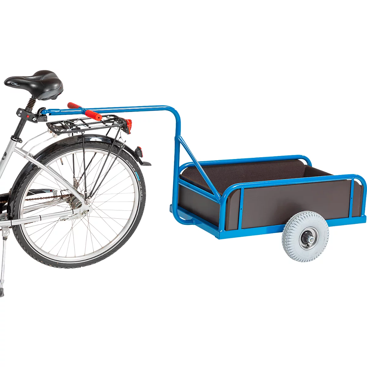 Bicycle with blue trailer. The trailer has a gray frame and a brown loading area.