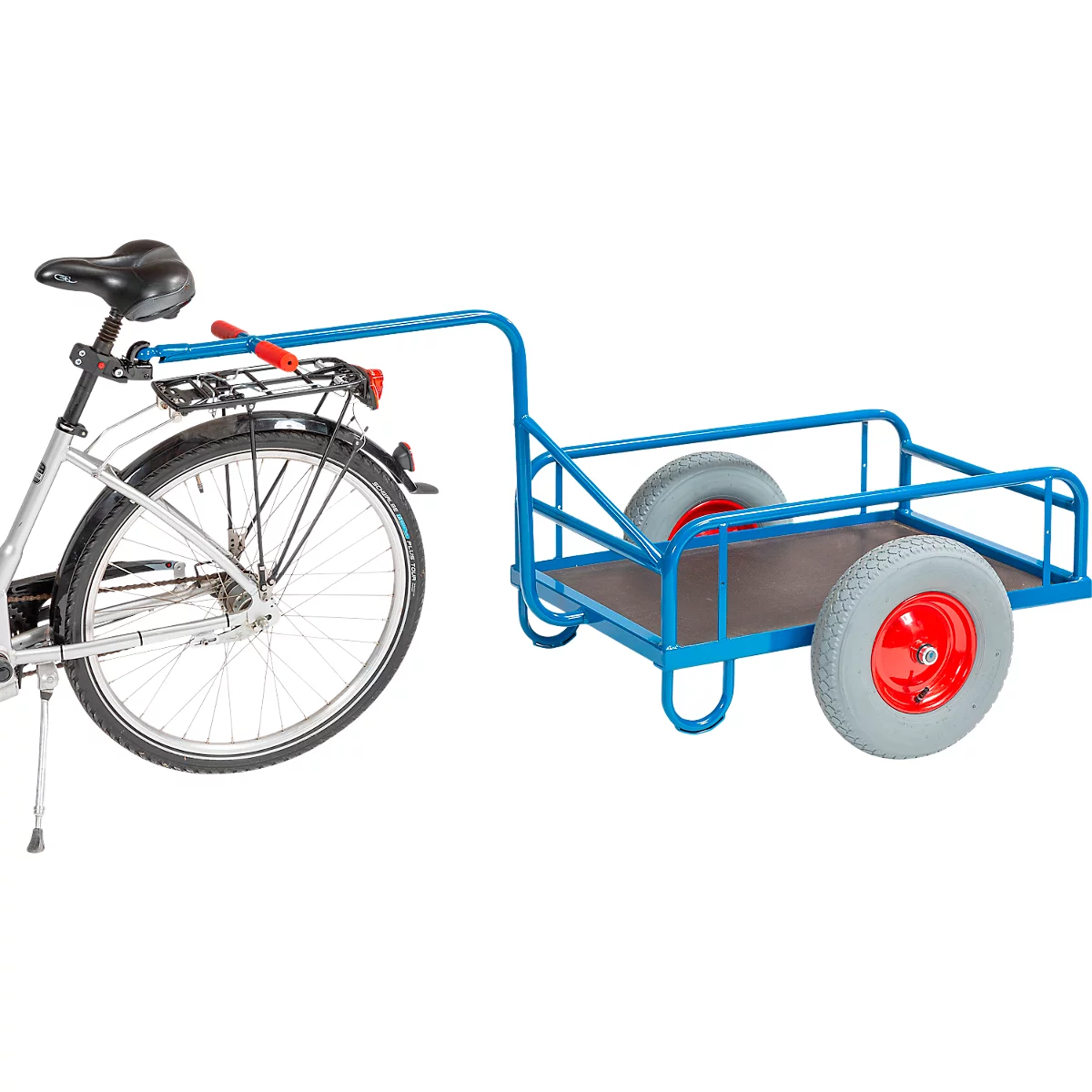 Bicycle with a blue trailer, gray tires with red rims. The trailer is attached to the luggage rack.