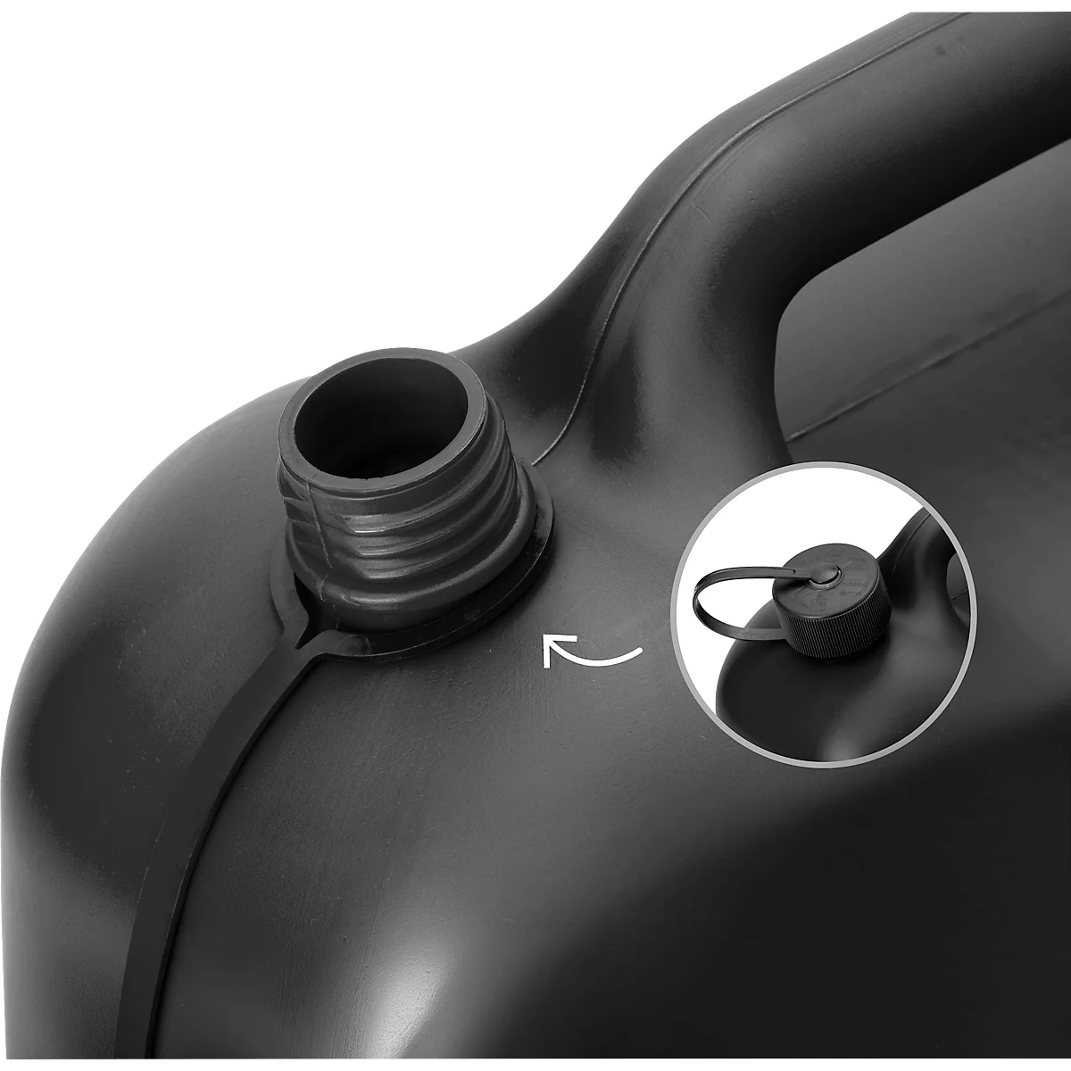 Gros plan sur un récipient de liquide noir avec un bouchon à vis. Une image agrandie montre le bouchon avec une bande.