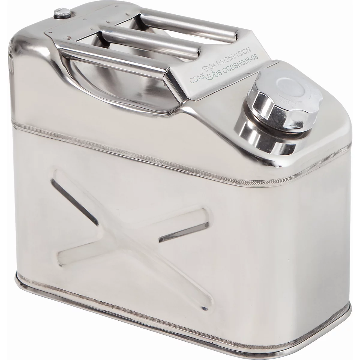 Bidon de stockage et de transport, acier inoxydable 1.4301 poli, 10 l, L 170 x P 340 x H 280 mm, bouchon à vis, valve de ventilation