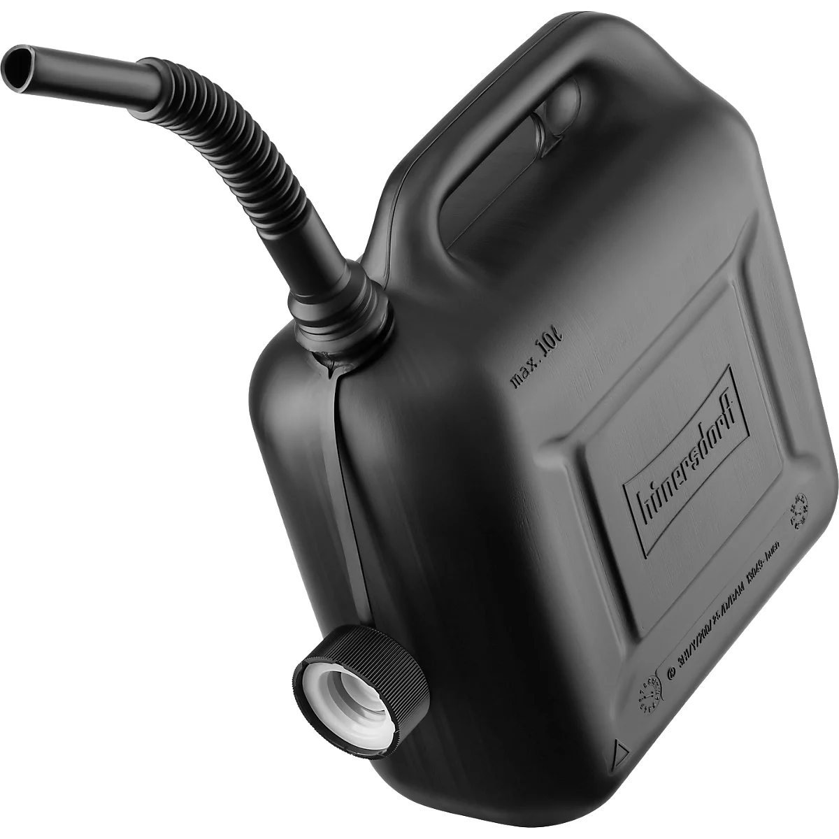 Bidón de combustible negro con boquilla flexible y asa, etiquetado 'himerdörfer'.