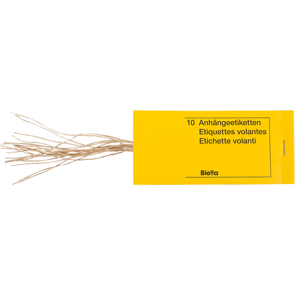 Helle Fäden, die von links nach rechts verlaufen. Rechts gelbe Verpackung mit Text: Anhängeetiketten.