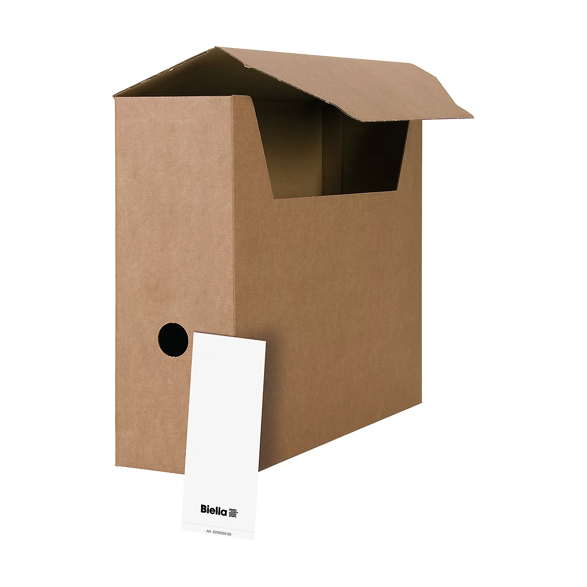 Brown cardboard box with open lid, a hole, and a white label.
