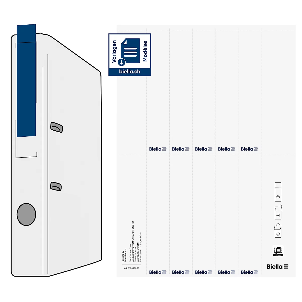 A white binder with a blue spine, next to a white index card with the biella.ch logo.