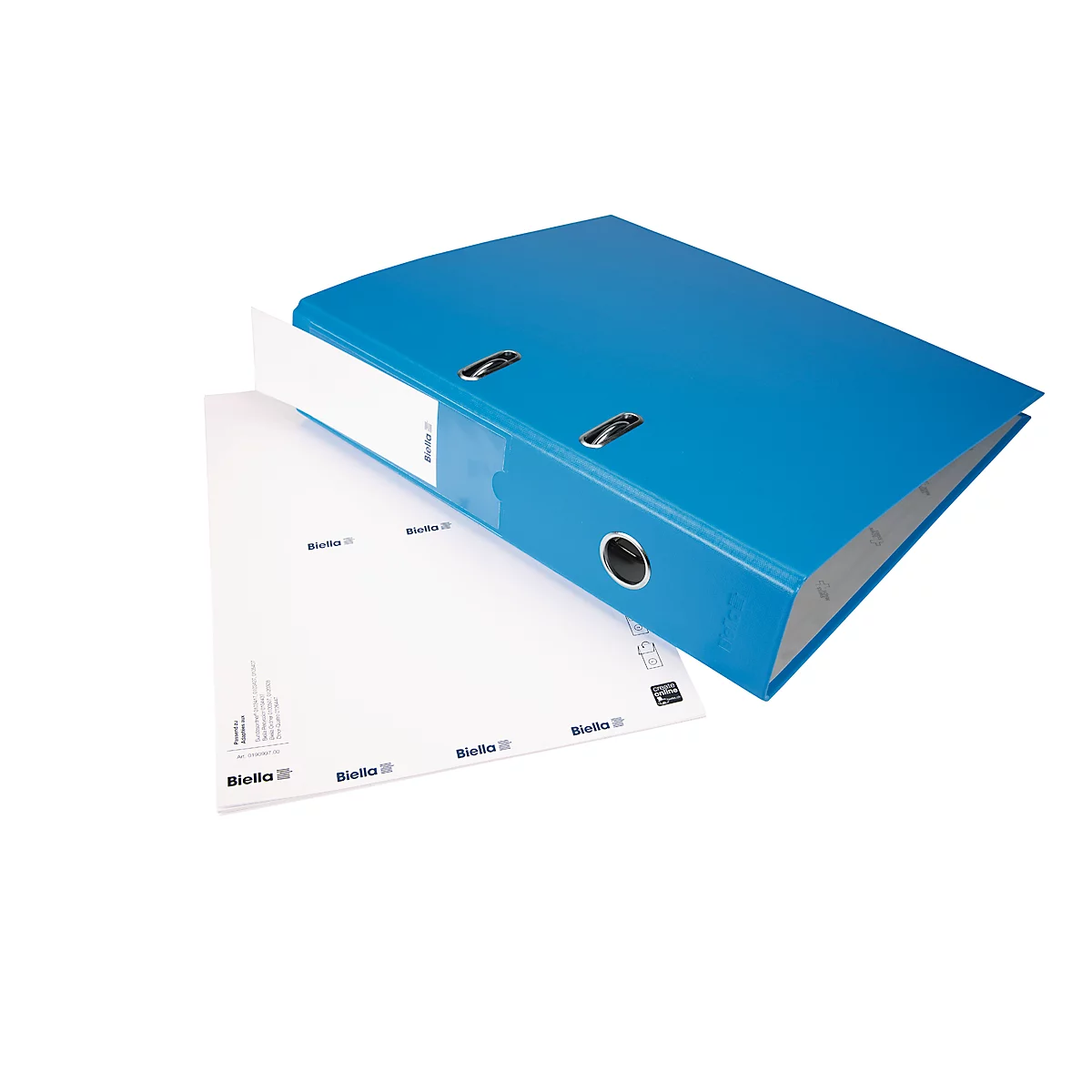 Blue binder with a white spine and paper next to it. The brand name Biella is visible on the paper.