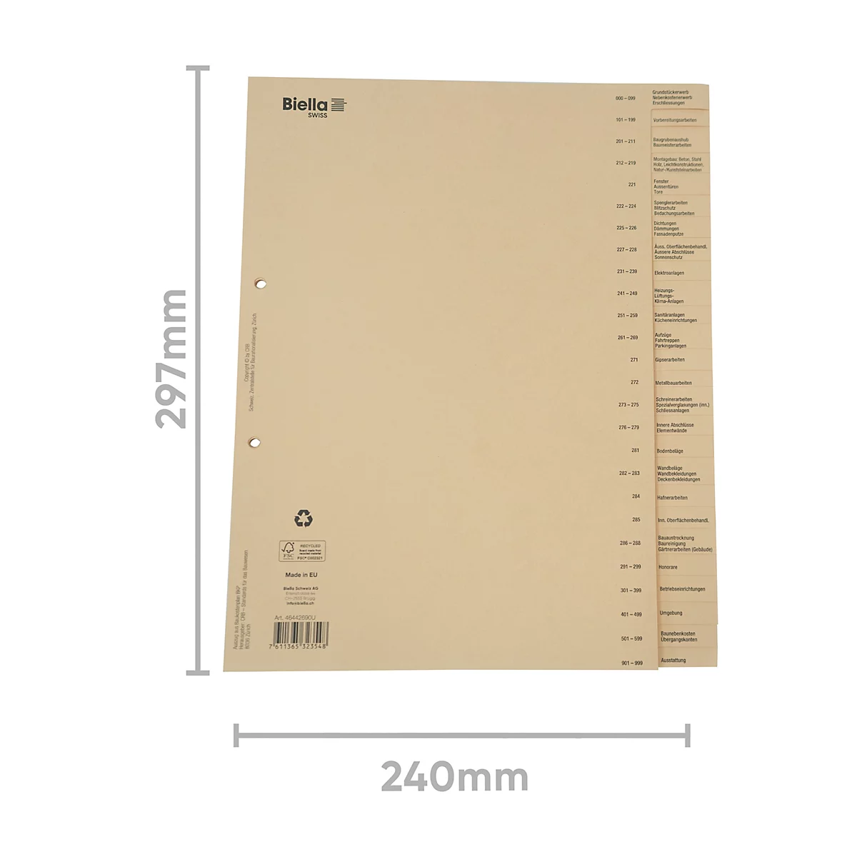 Beige Registerkarte, mit Dimensionen von 297mm x 240mm. Aufgedruckter Text und Logos.
