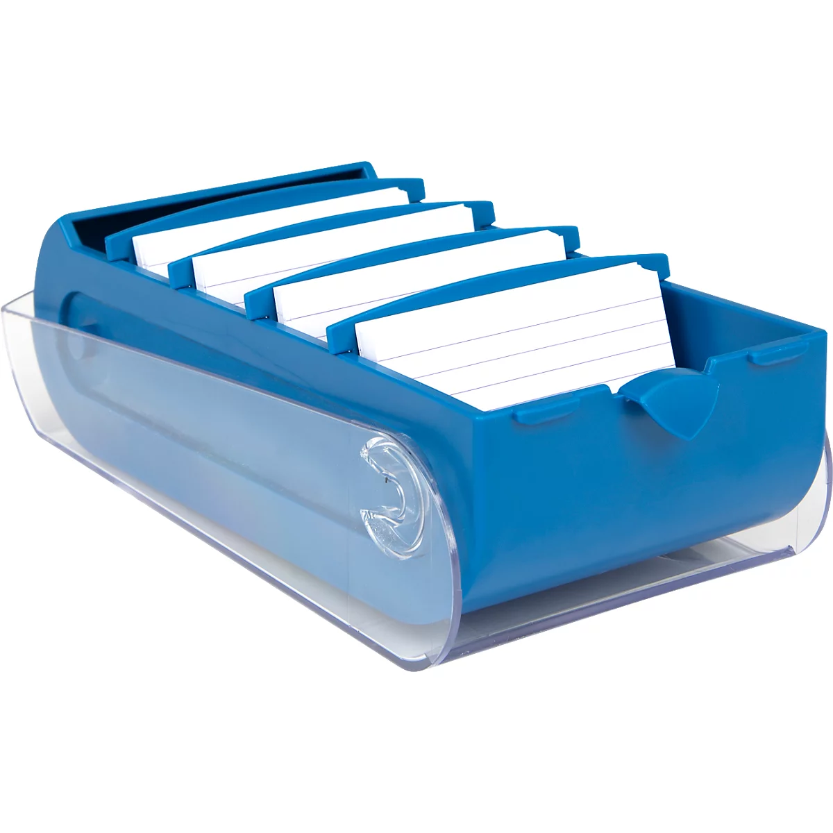 Porte-cartes bleu avec des cartes blanches. Les cartes sont étiquetées et disposées dans le porte-cartes. Le porte-cartes repose sur une base transparente.