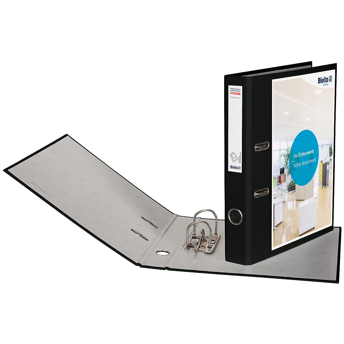 Black file folder, open. The folder contains metal lever mechanism and an insert sheet with printing.