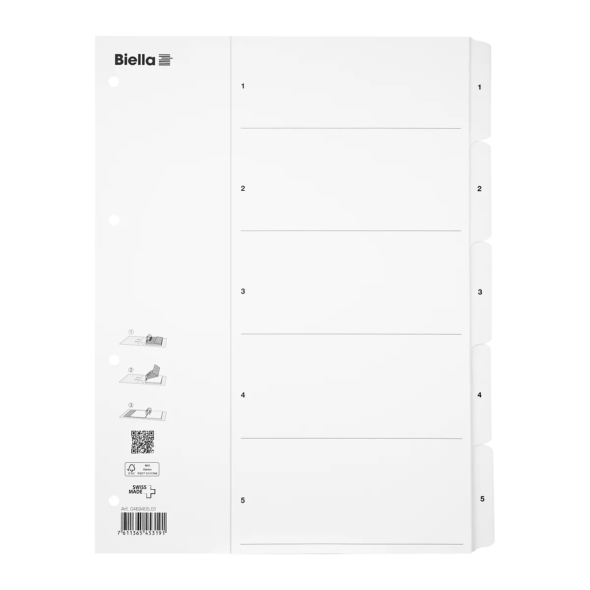 White divider sheets for folders with labels, numbers. Logo of Biella.