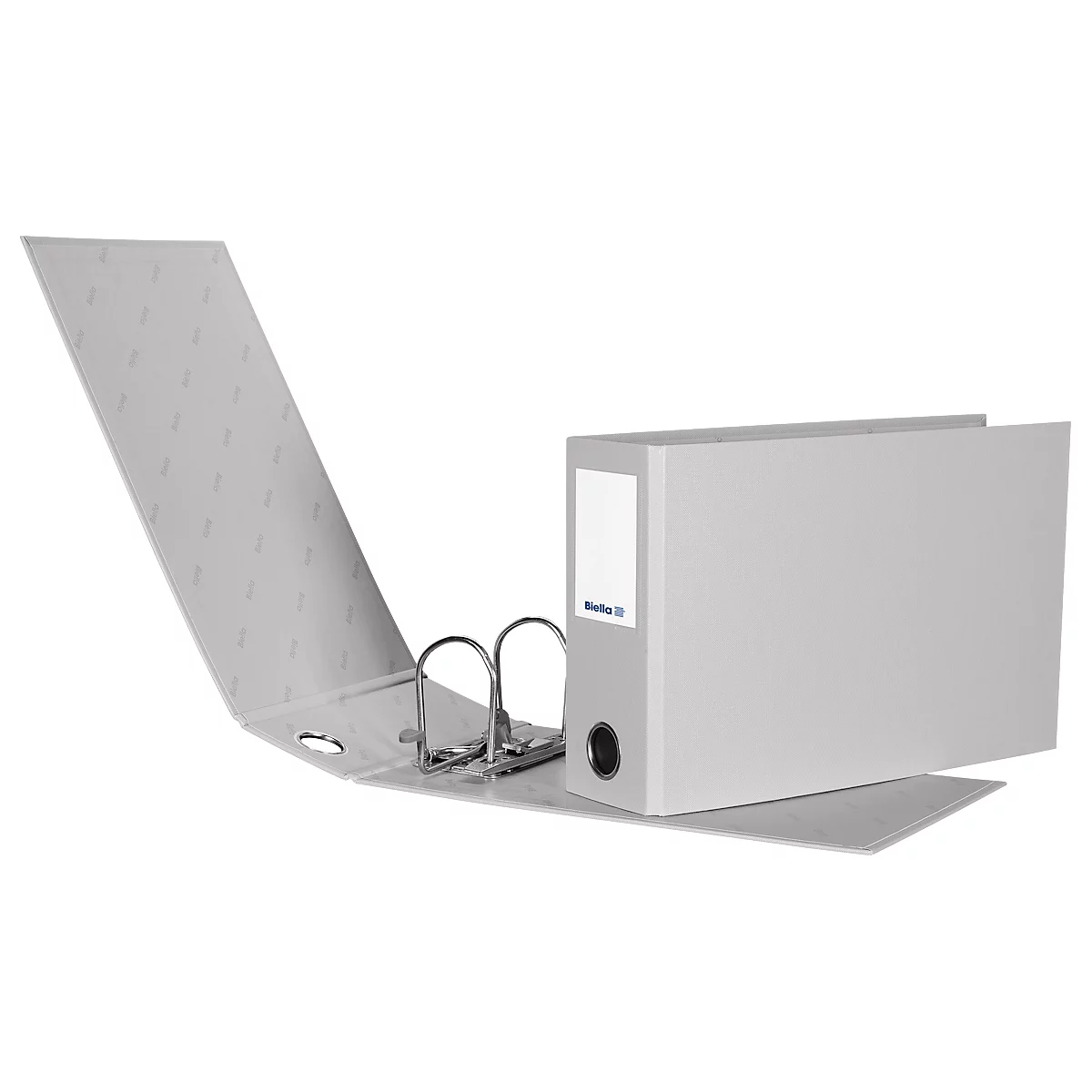 Classeur gris ouvert avec clips métalliques. Étiquette avec texte. Sur fond clair.