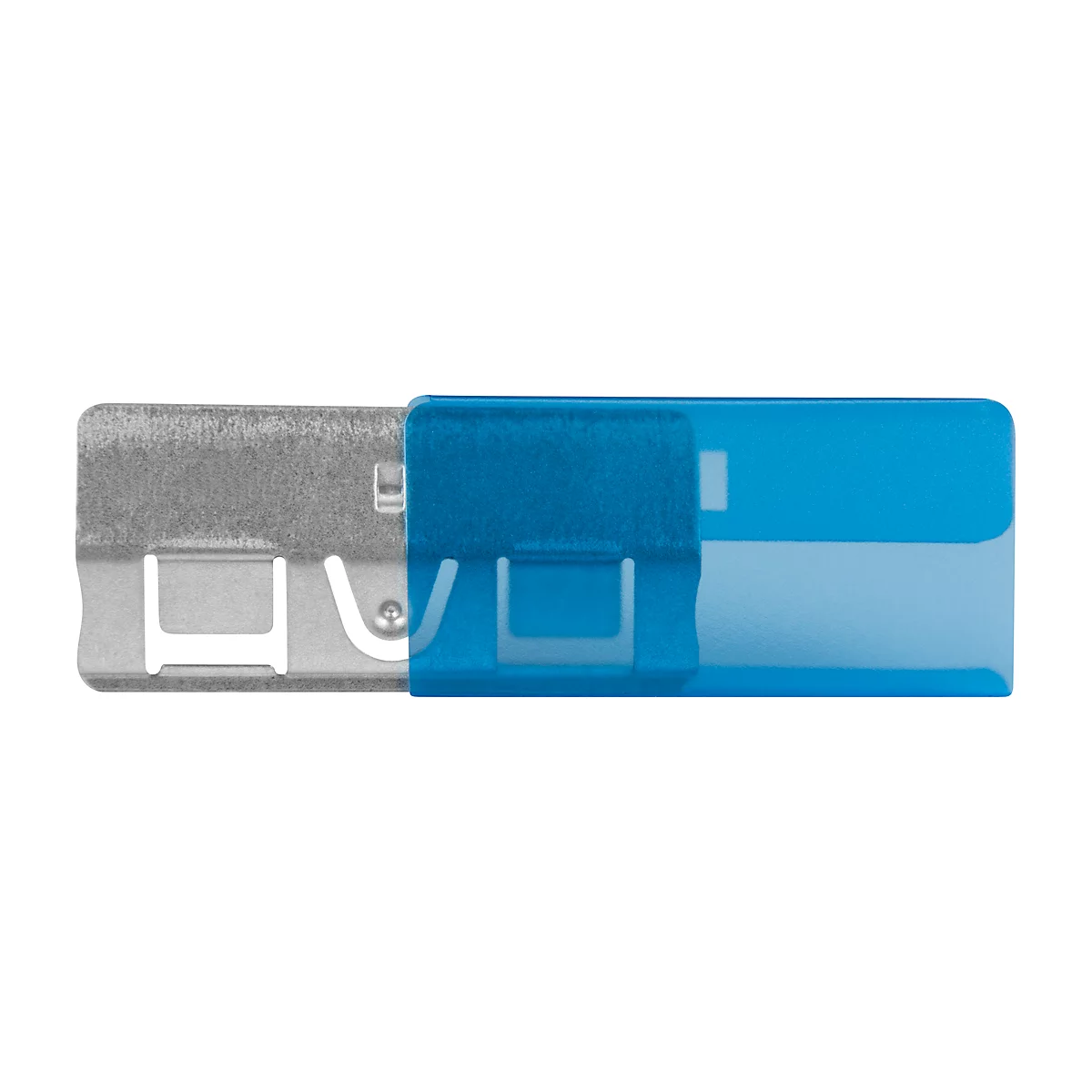 Close-up of a metal part with blue plastic covering.