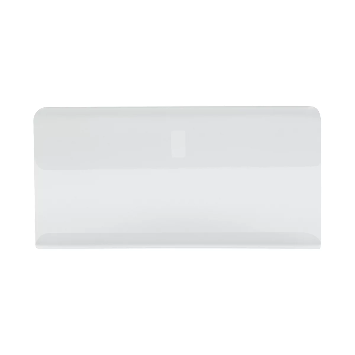 Rectangular, white plate with rounded corners, slightly shiny.