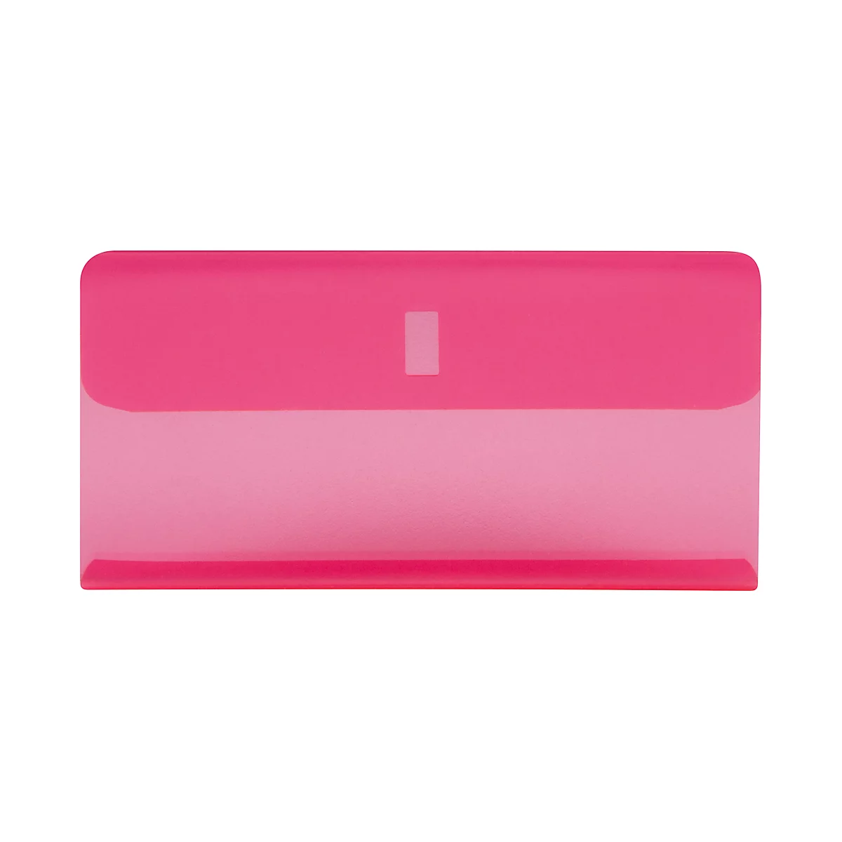 A rectangular, transparent, pink document case, with a lighter area at the bottom.