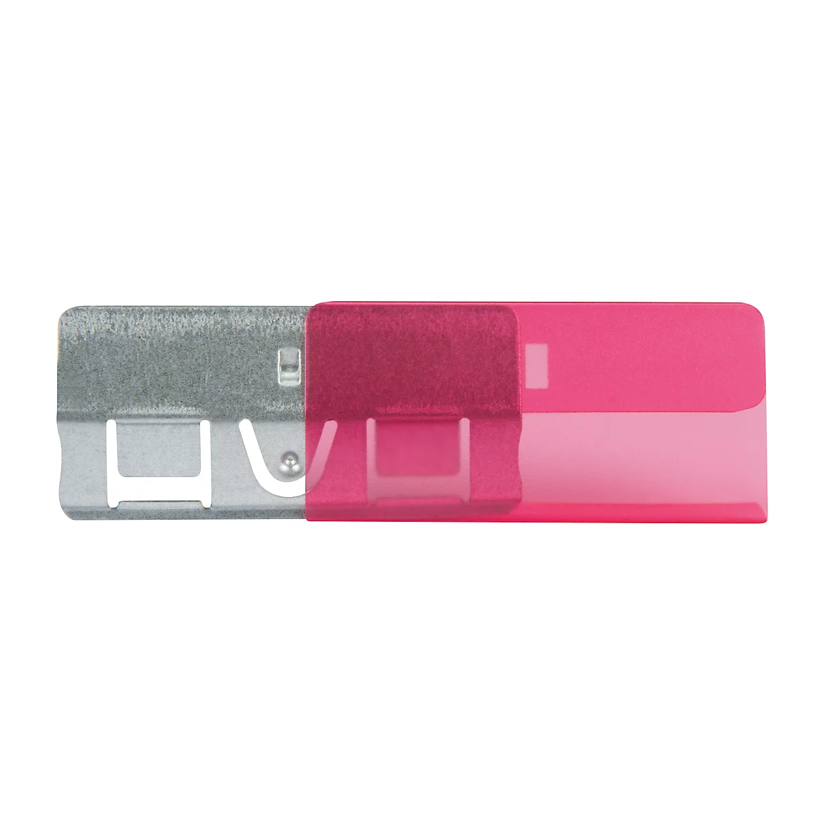 Metal clip, partially covered by a pink plastic cover, for documents.