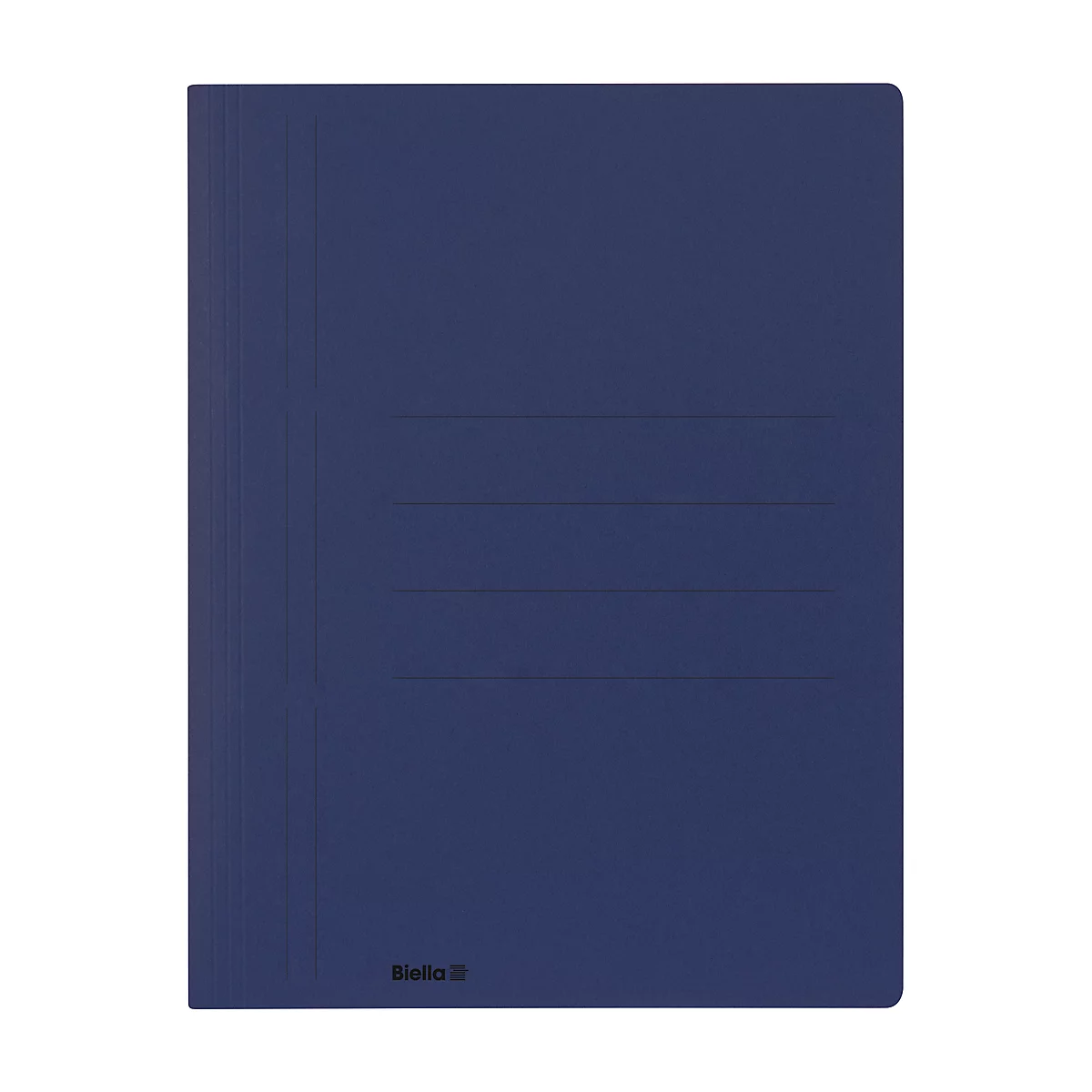 Dossier de documents fermé bleu foncé avec trois lignes horizontales et un petit lettrage "Biella".