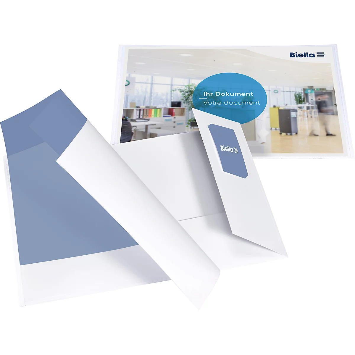Chemise blanche avec un accent bleu et le texte "Votre document". En arrière-plan, un bureau.