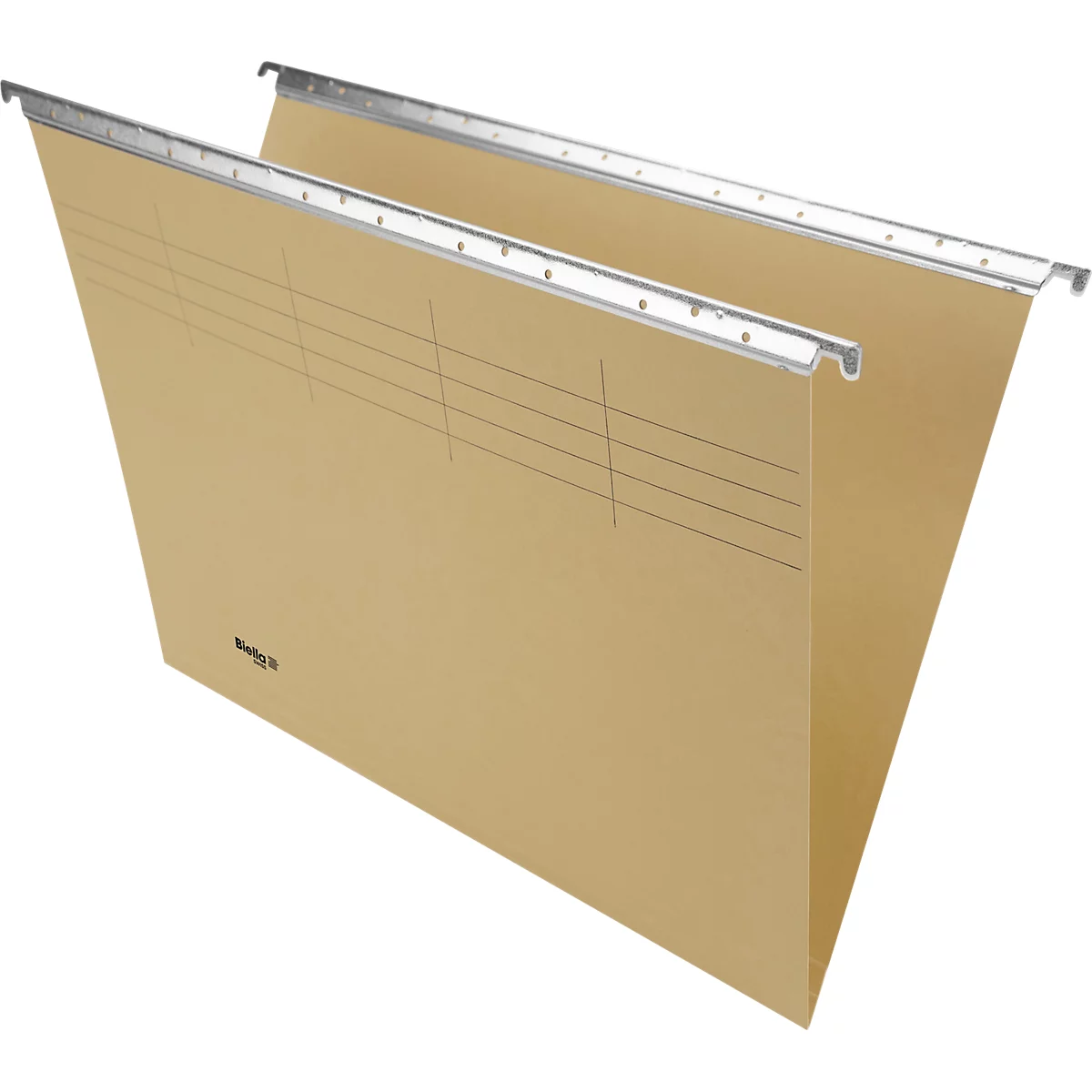 Classeur suspendu en carton brun, avec barre métallique. De fines lignes sont dessinées sur le dossier.