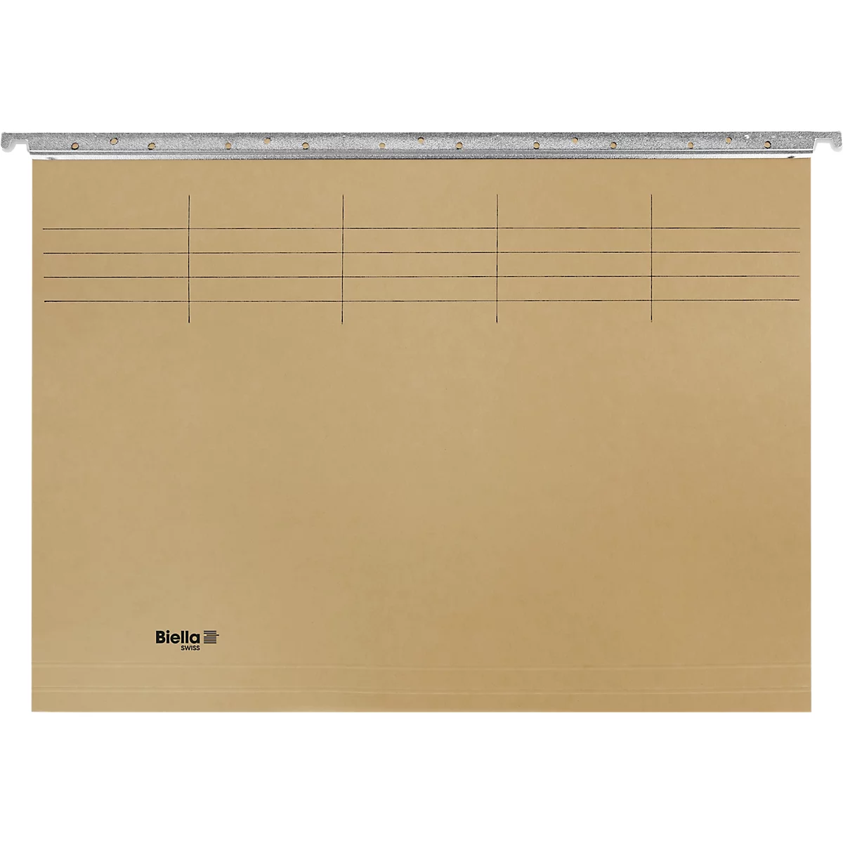 Chemise suspendue marron avec rail de suspension. Des lignes horizontales et des lignes de séparation verticales marquent l'intérieur. Logo "Biella" en bas à gauche.