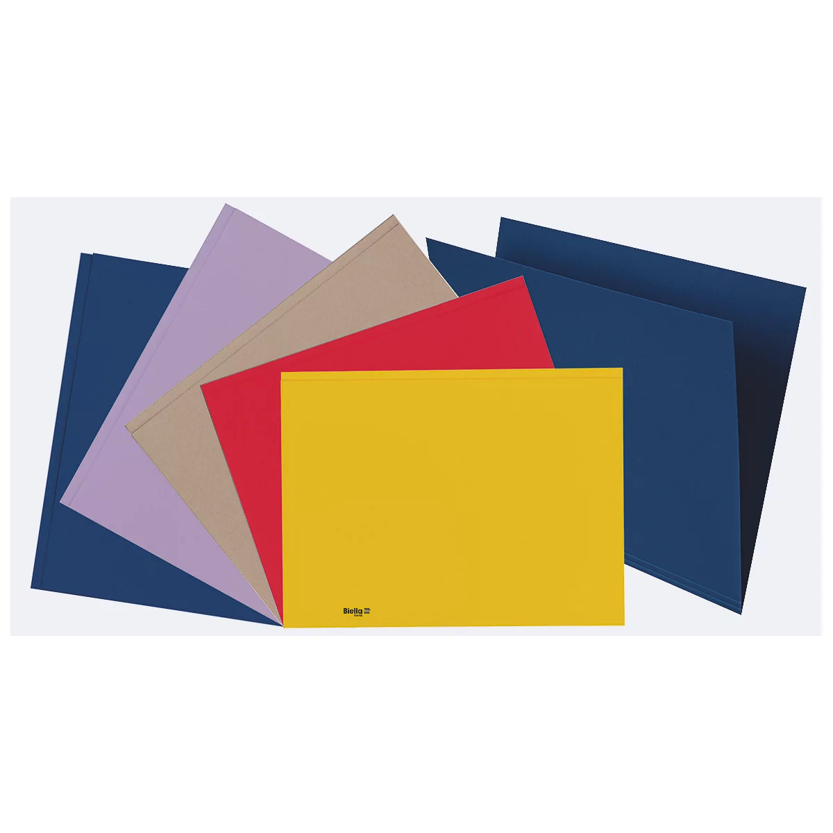 Plusieurs papiers colorés disposés en éventail. Jaune, rouge, beige, violet et bleu.