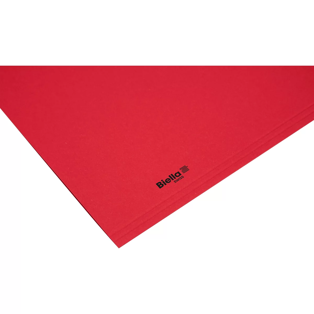 Papier rouge, légèrement incliné d'en haut. Logo : Biella en bas à droite. Pile de papier sur fond blanc.
