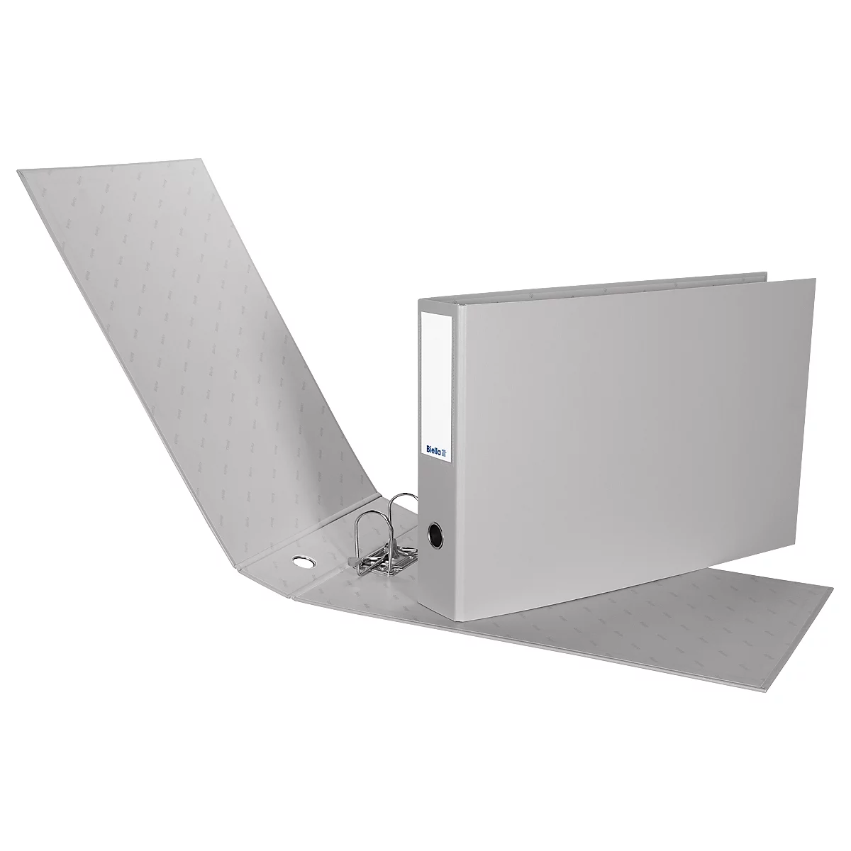 Grey file folder, open. On the spine is a white label with writing.