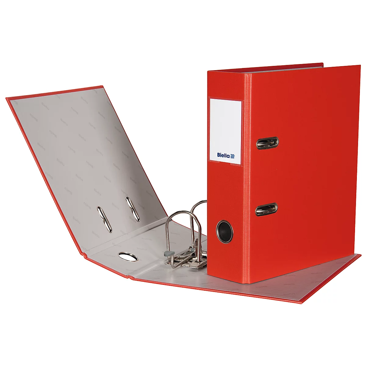 Red binder, open, with silver metal rings and white label.