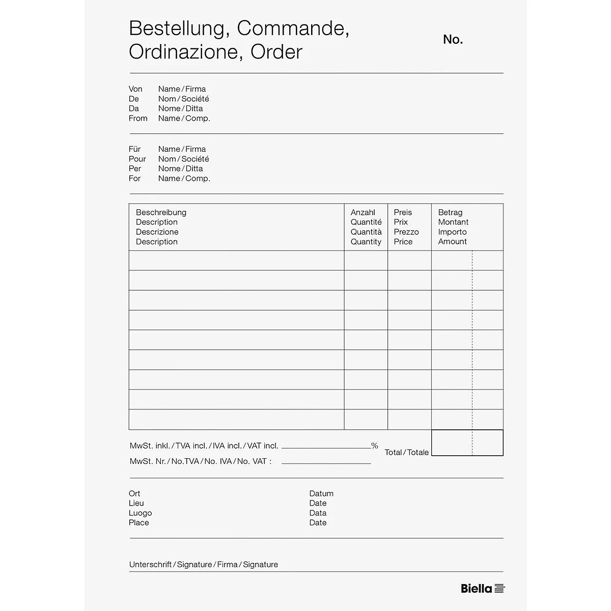 Ein weisses Bestellformular mit Überschriften in Deutsch, Französisch, Italienisch und Englisch. Tabelle mit Spalten für Beschreibung, Menge, Preis und Betrag.