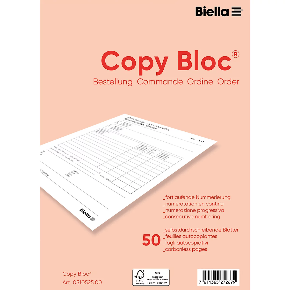 Ein Block mit dem Schriftzug Copy Bloc. Darunter steht Bestellung, Commande, Ordine, Order. Unten rechts befinden sich ein FSC-Logo und eine Nummer.