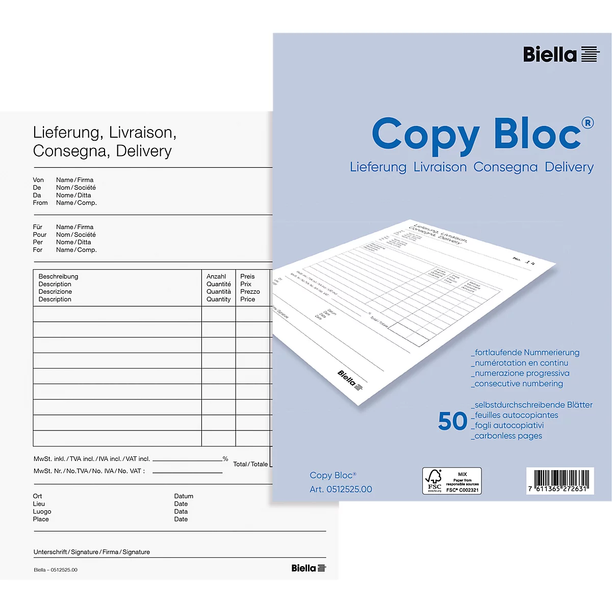 Ein weisser Block mit dem Aufdruck 'Copy Bloc', daneben ein Formular zur Lieferung.