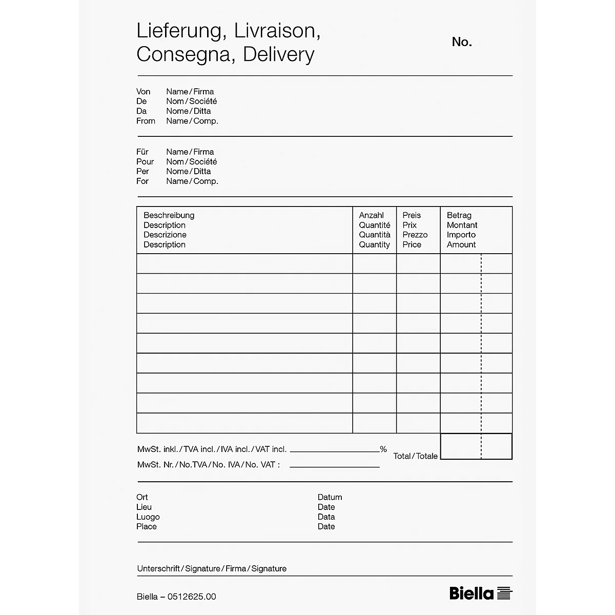 Rechnungsvorlage mit Überschrift 'Lieferung' in verschiedenen Sprachen. Tabellarische Spalten für Mengenangaben, Preise und Beträge.