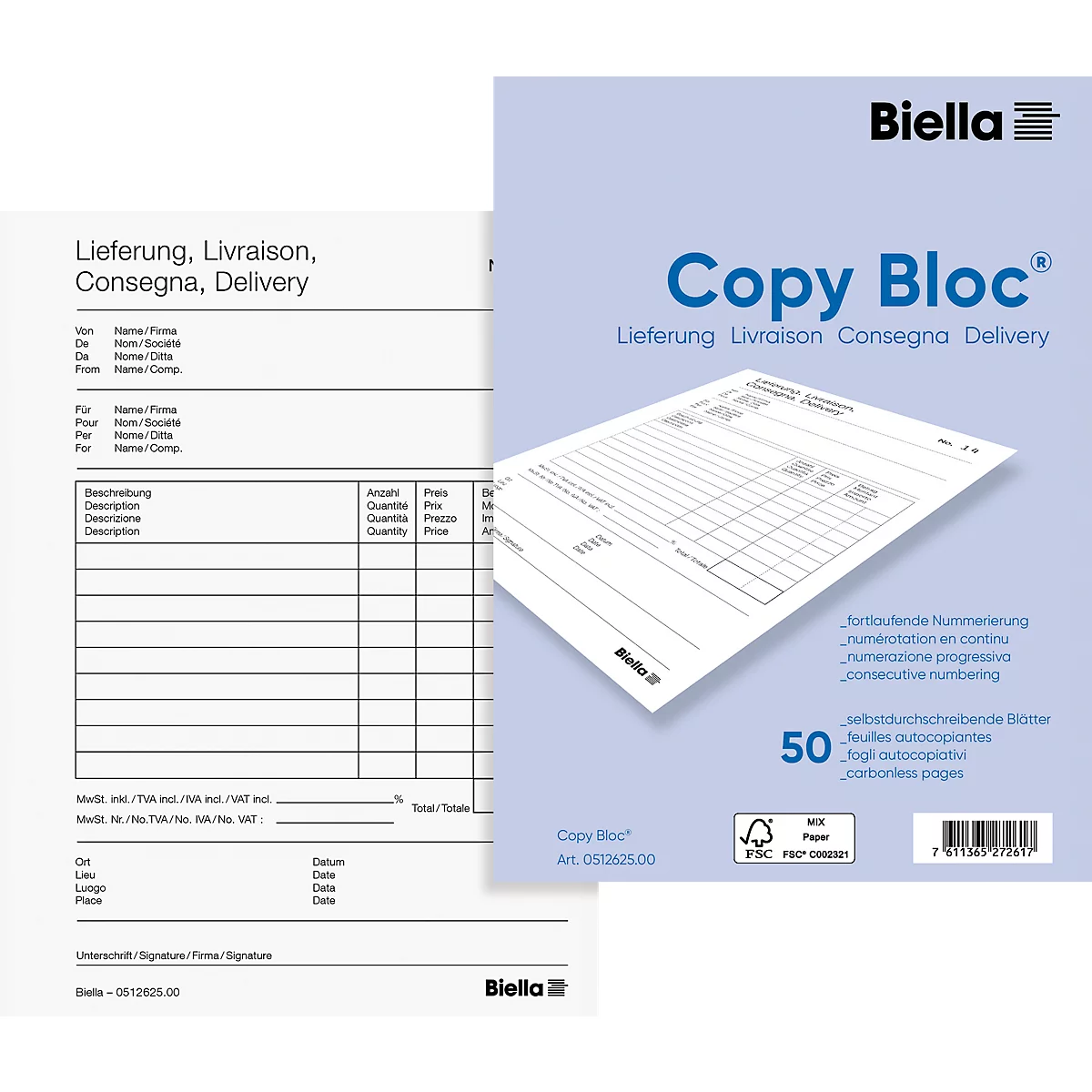 Ein weisser Block mit Aufdrucken, neben einem Formular; Aufdruck: Lieferung, Copy Bloc, 50 Blatt.
