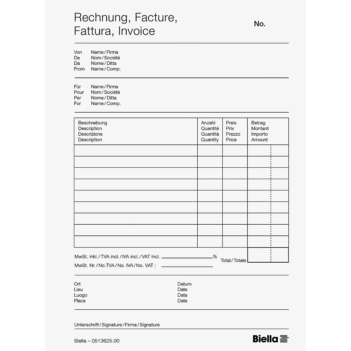Rechnung, mit Tabellen und Textfeldern. Der Markenname Biella und die Nummer sind sichtbar.