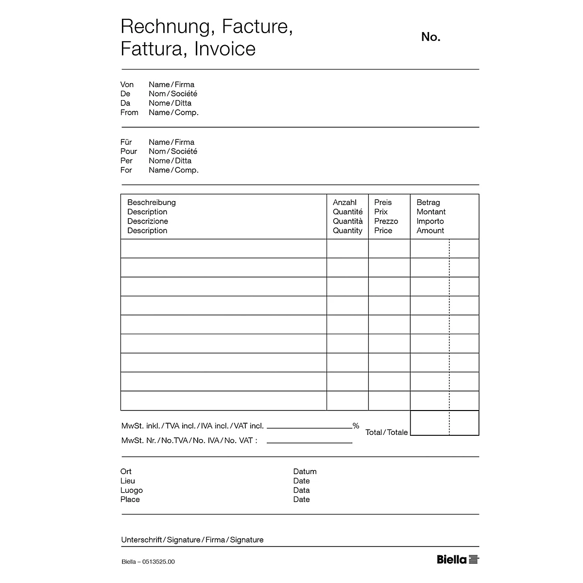 Eine Rechnungsvorlage mit den Überschriften Rechnung, Facture, Fattura, Invoice. Spalten für Beschreibung, Menge, Preis und Betrag.
