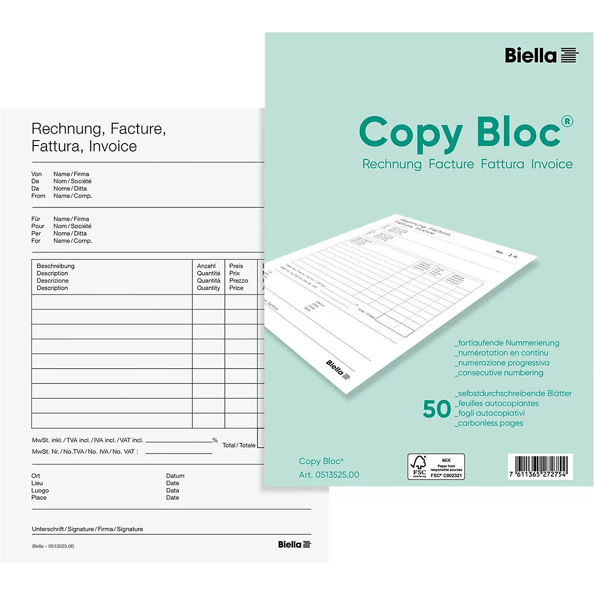 Ein Block mit Rechnungspapier, links mit Textzeilen und rechts mit einem Deckblatt "Copy Bloc".