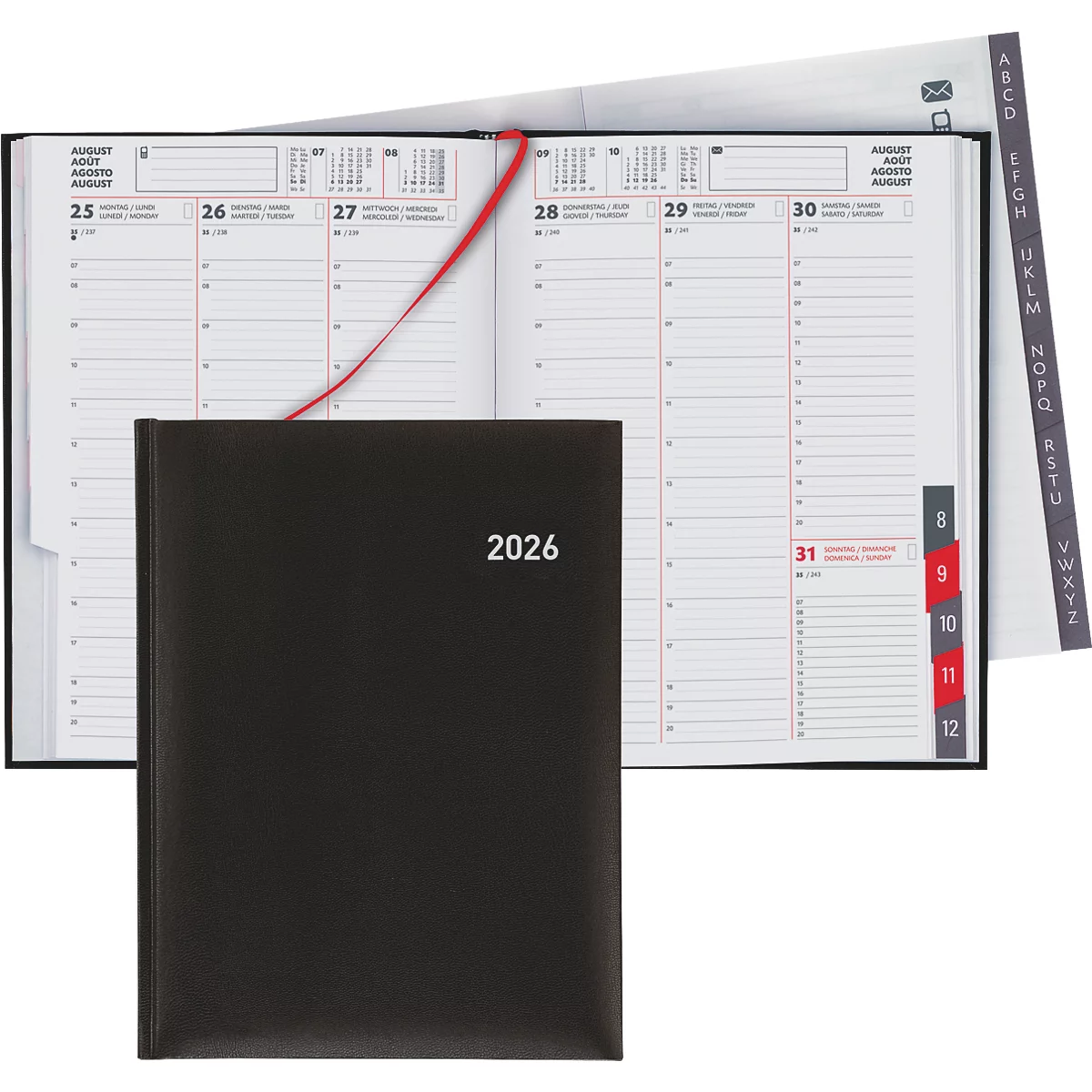 Schwarzes Notizbuch mit der Aufschrift 2026, offen liegend, zeigt eine Tagesansicht mit rotem Lesebändchen.