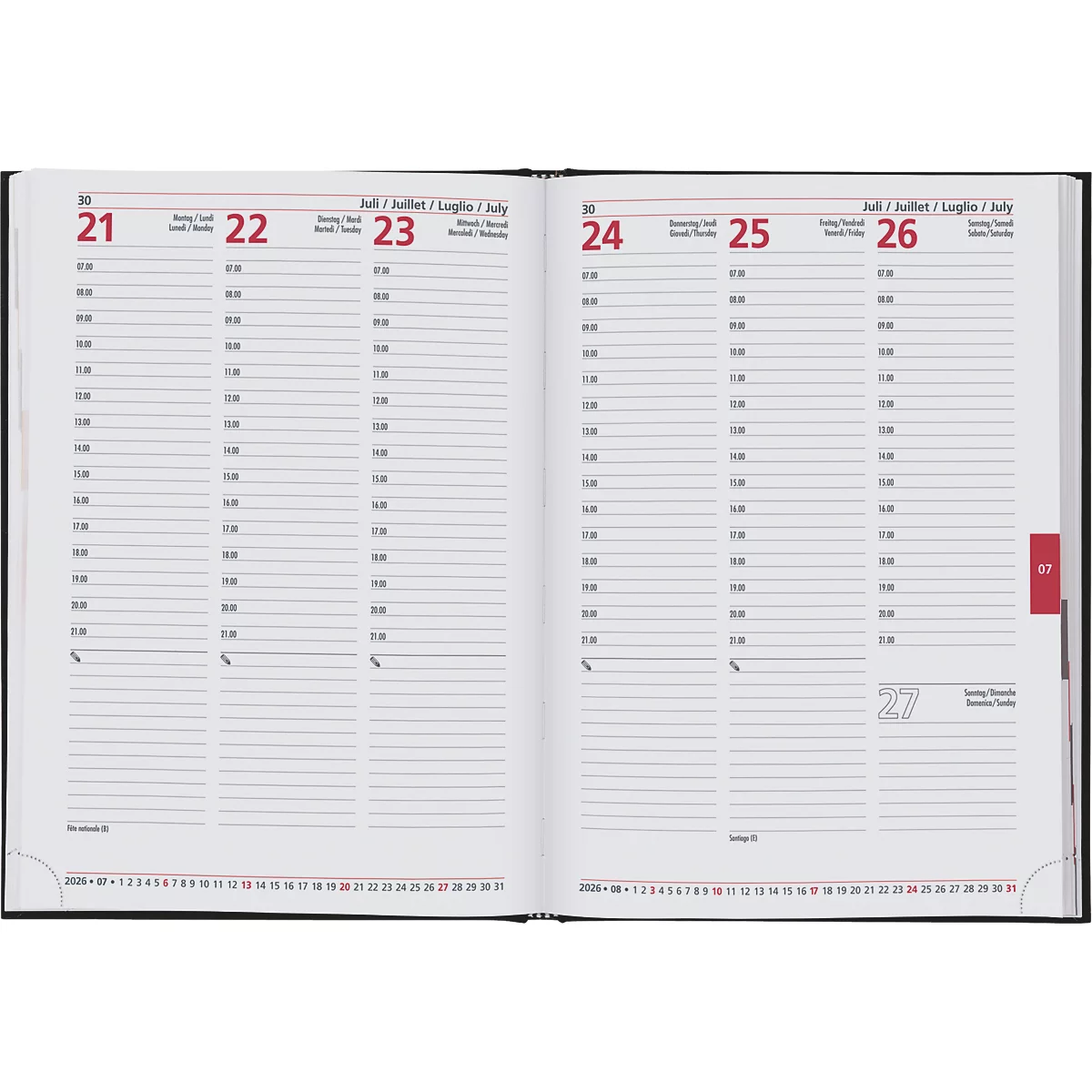 Aufgeschlagenes Notizbuch, Seiten mit Zeitangaben für Termine. Die Tage 21, 22, 23, 24, 25 und 26 sind sichtbar, sowie die Monate Juli und Sonntag.