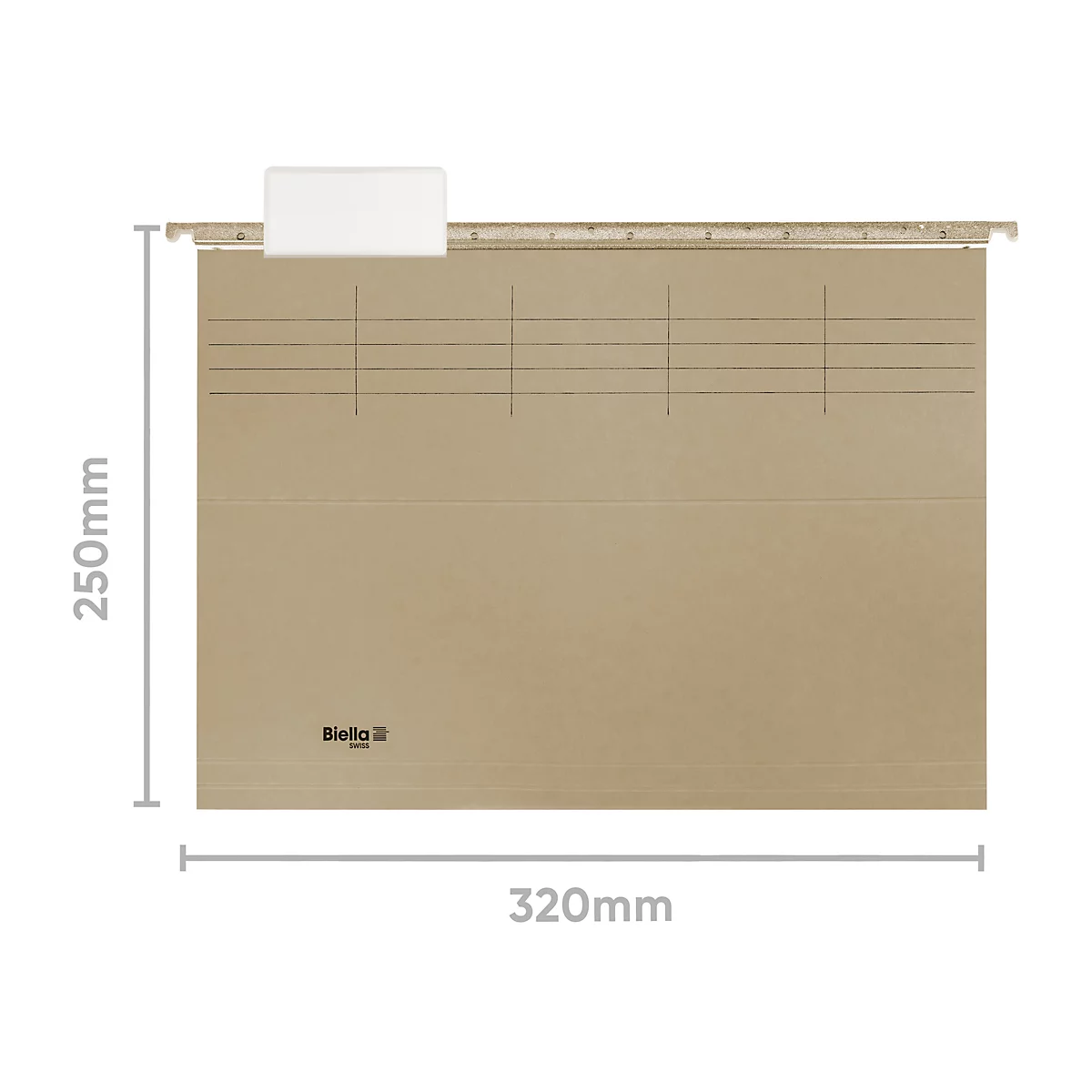 Hängeordner mit den Massen 250mm x 320mm. Auf dem Ordner sind horizontale Linien und ein Aufkleber. Der Ordner ist braun.