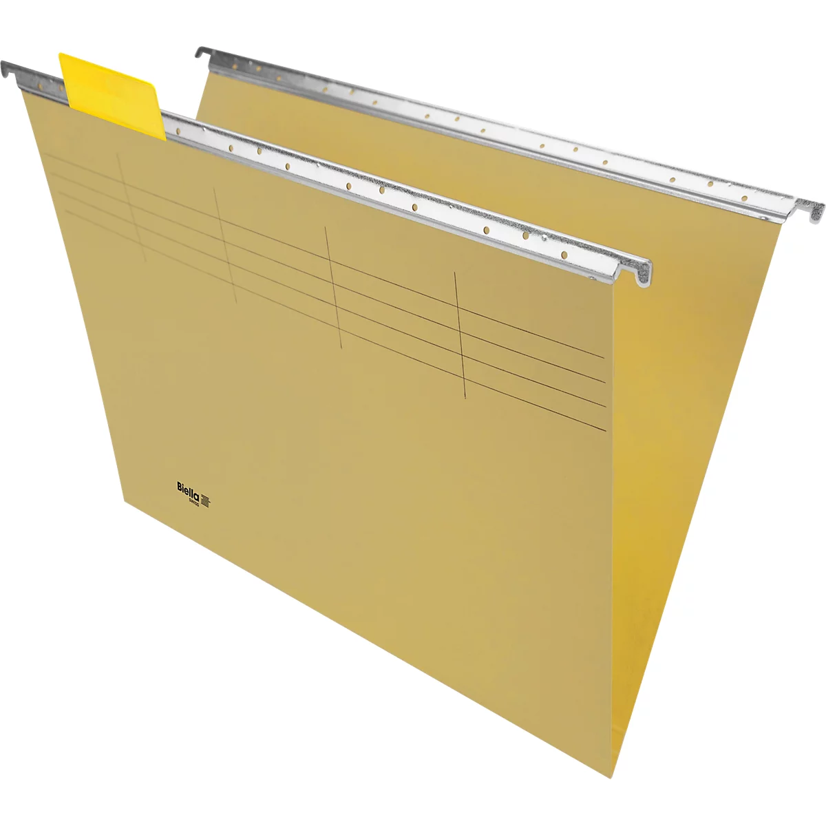 Hellbraune Hängeakte mit gelbem Reiter und Metallstange zum Aufhängen.