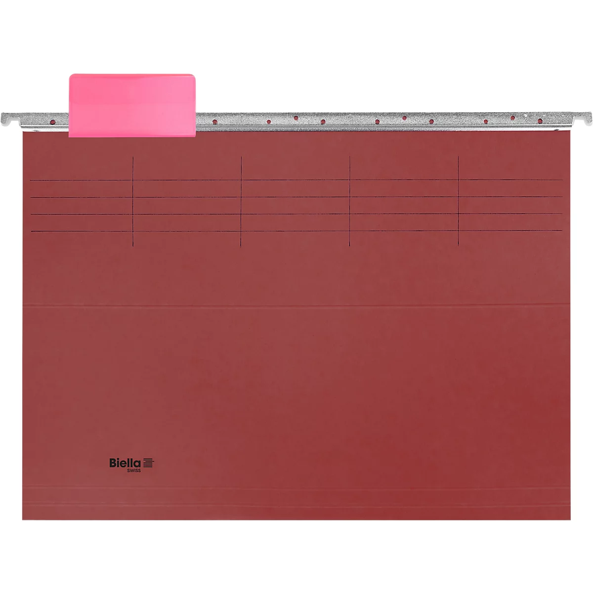 Hängeordner in Rot mit rosa Karteireiter und horizontalen Markierungen.