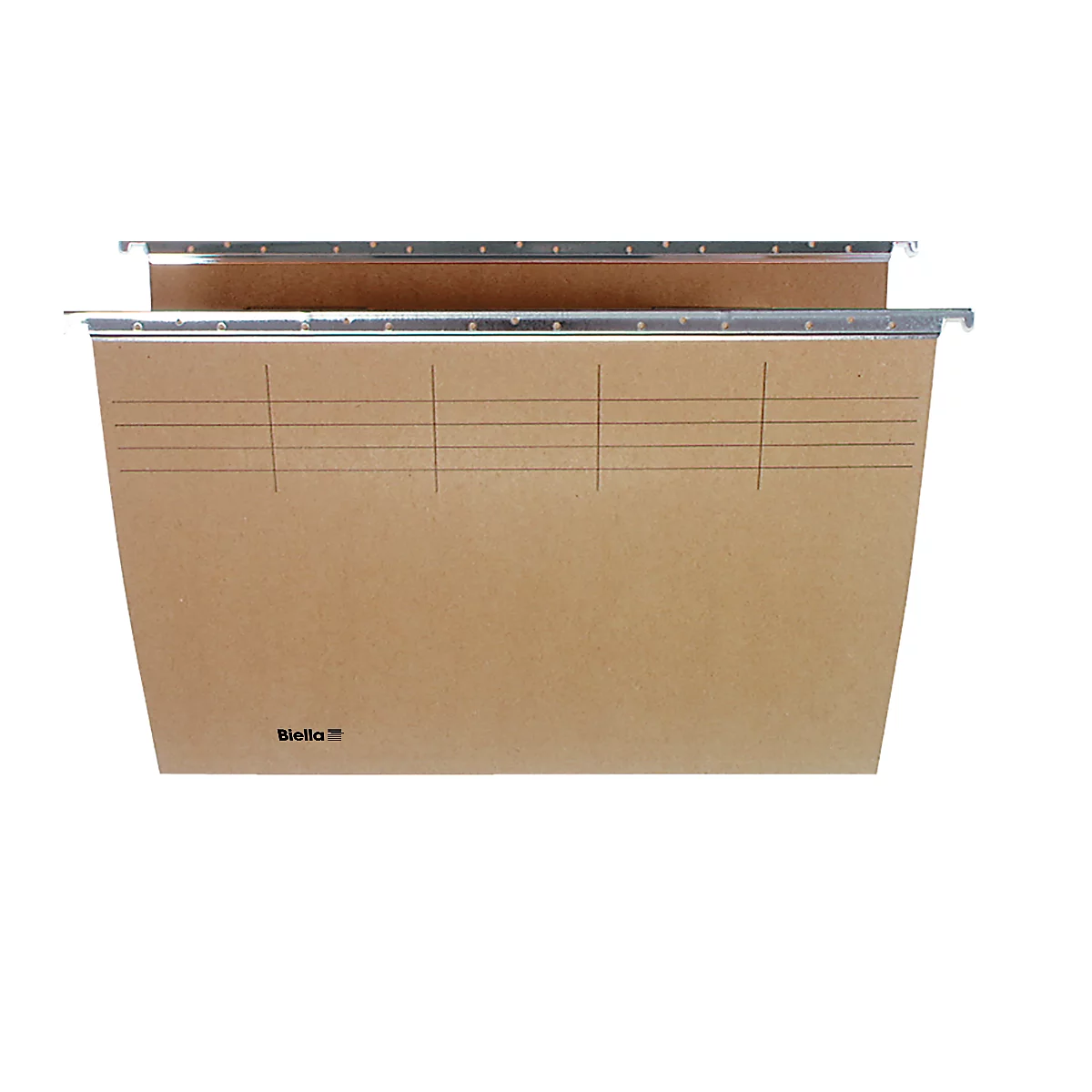 Brown hanging file with metal holders and markings. Reads "Biella".