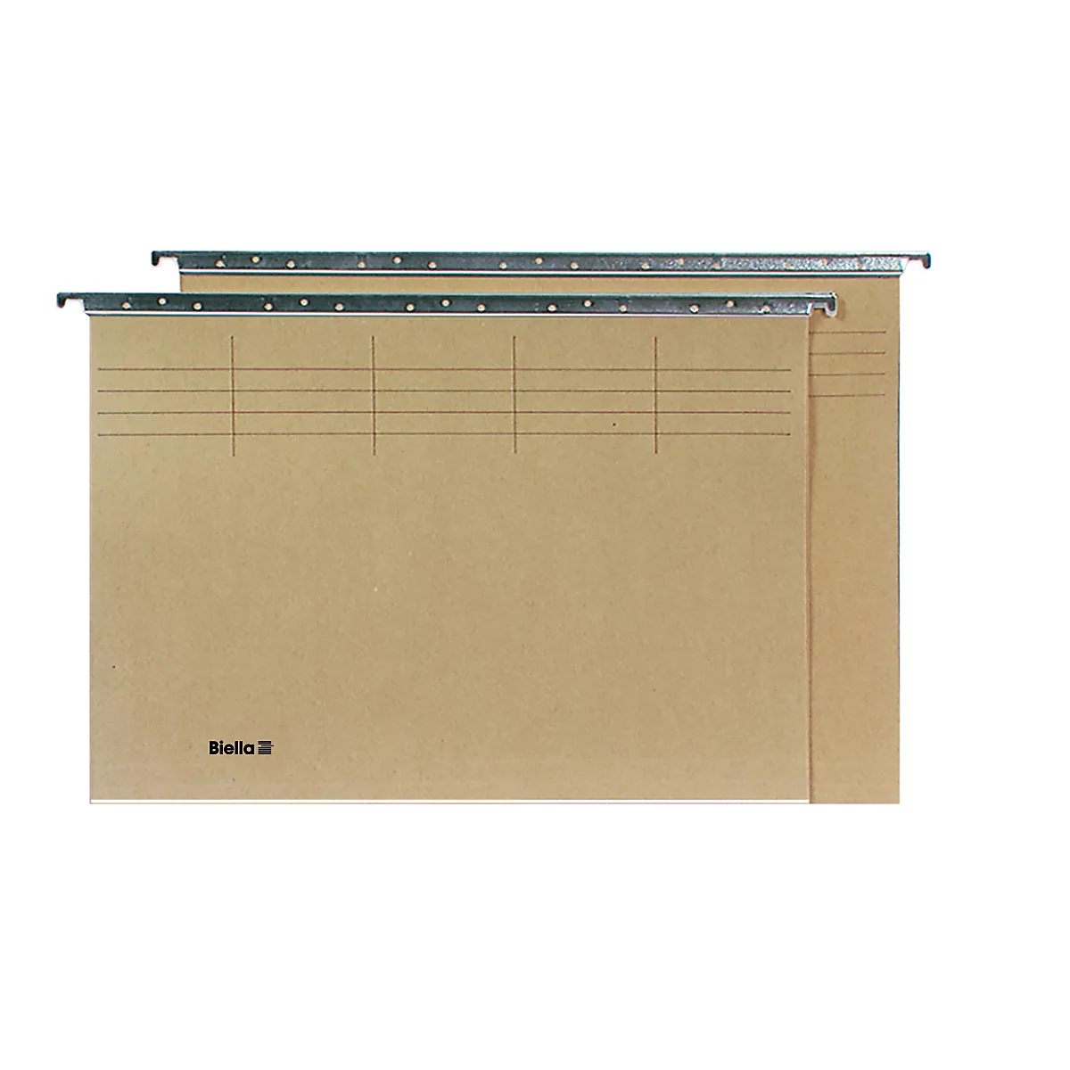 Two brown hanging folders with horizontal lines and metal rails. The 'Biella' logo is visible at the bottom left.