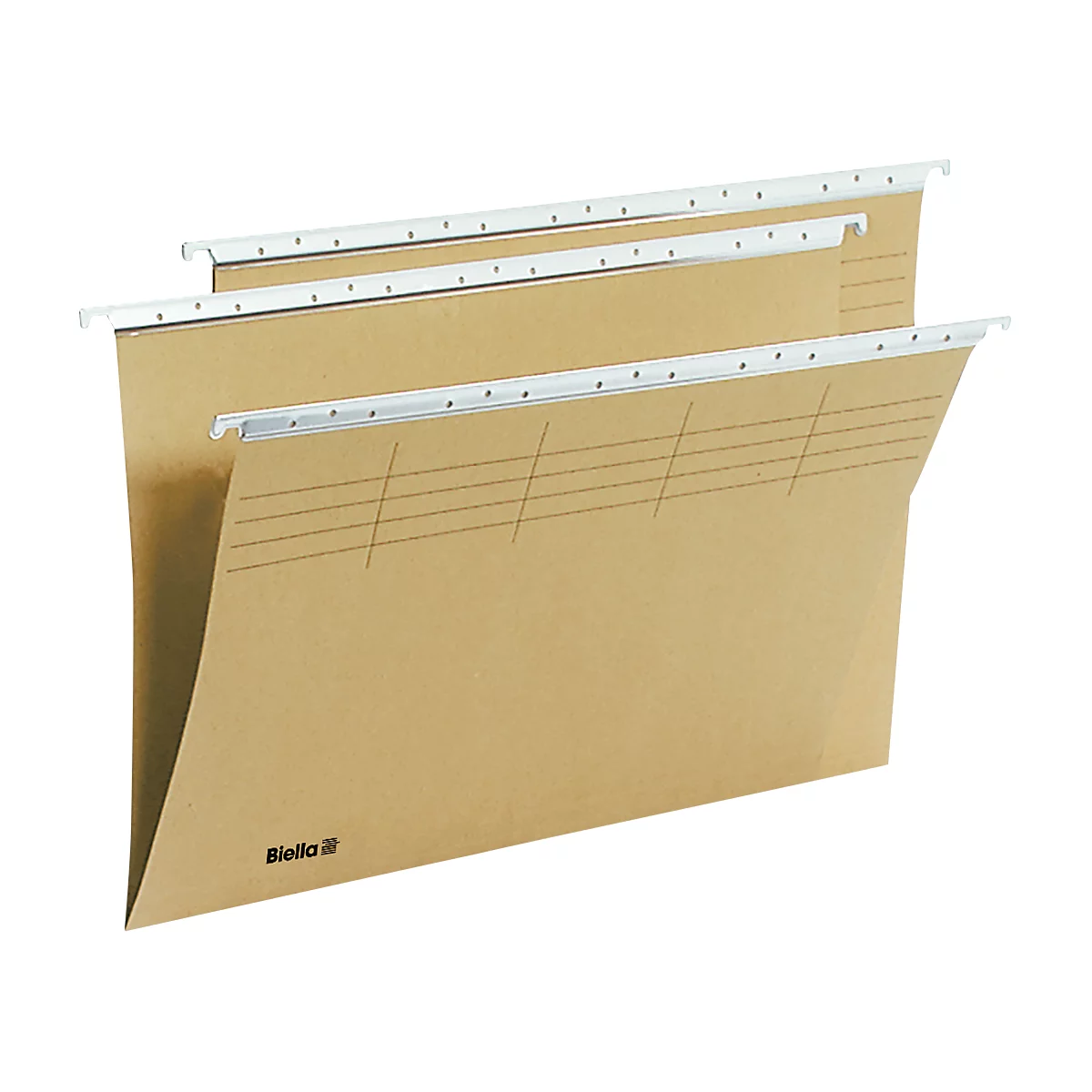 Hanging files made of brown cardboard with white holders, three files side by side.