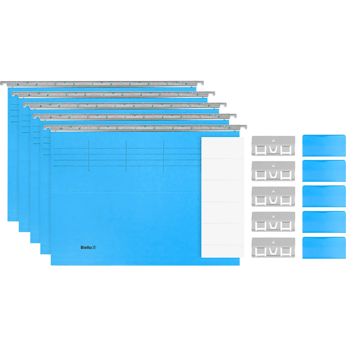 Blue hanging files with gray hangers. To the right of them are index cards and file tabs.