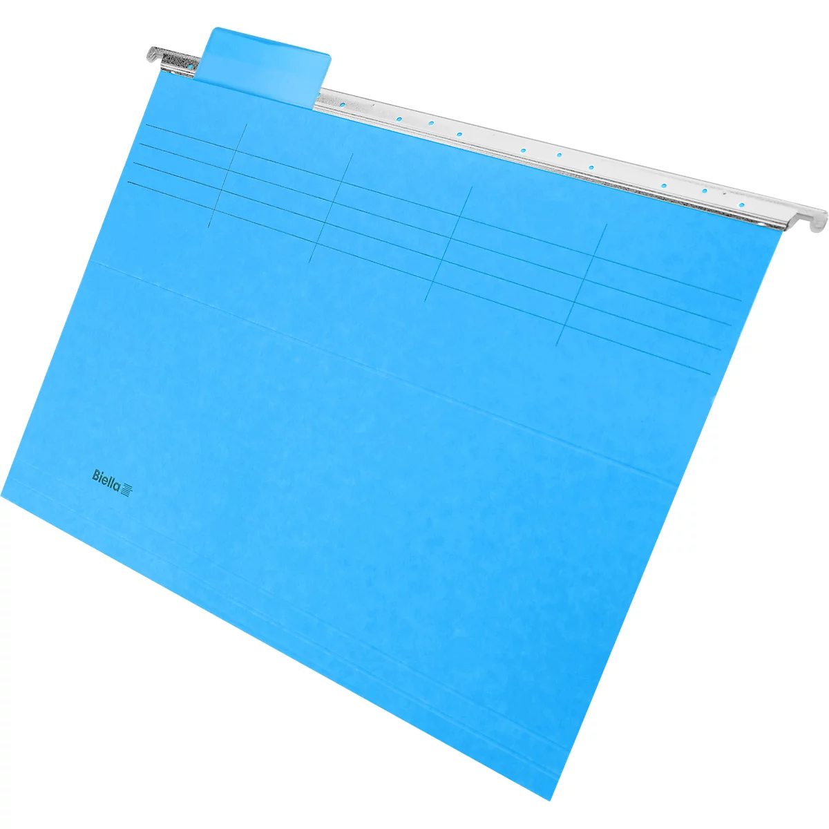 Blue hanging file with metal bar and blue tab.